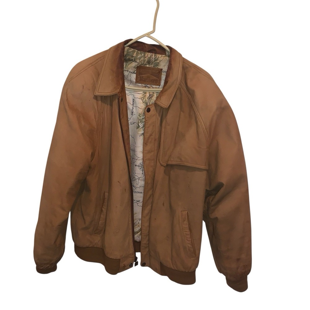 VTG Marlboro Adventure Team Genuine Leather Jacket Mens L Brown Map Lined 1990's - Picture 3 of 8